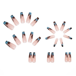 French leopard long coffin press-on nails set with nude base and blue abstract tips