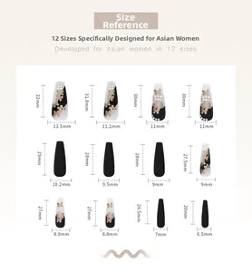 Size chart for ballet press-on nails showing 12 different dimensions and length details