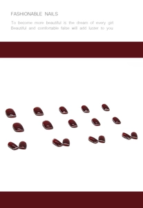 Detail of burgundy press-on nails with silver glitter edges on white background
