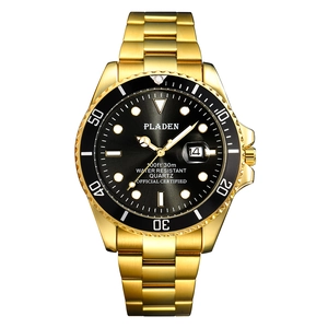 Luxury gold quartz dive watch for men with black dial and luminous markers on white background
