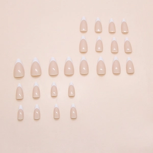 Minimalist nude and white French tip press-on nails set with 24 pieces in various sizes