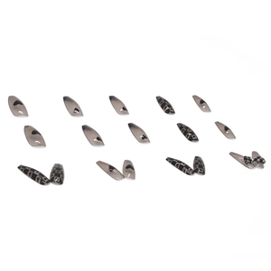 Long almond press-on nails with black heart and checkerboard patterns on smoky grey base
