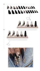 Detail of long coffin press-on nails with golden butterfly, pearls and glitter accents