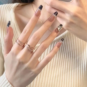 French Tip Press On Nails Long Coffin Black Heart Rhinestones Fake Nails Full Cover Manicure For Women