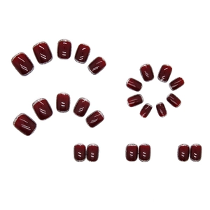 Short square burgundy press-on nails with silver glitter edges, 24-piece manicure set