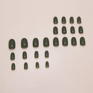 Glossy lake green medium-length press-on nails set with natural round shape design