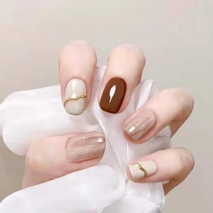 Press On Nails Nude Marble Brown White Gold Line Short Square Round Glossy Artificial Fake Finger Nails For Women Elegant Daily Wear