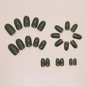 Glossy olive green medium length press-on nails in various sizes for women