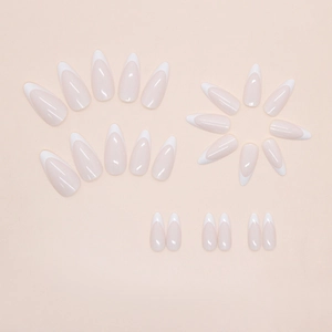 Elegant white French almond press on nails with soft pink base, set of 24 pieces