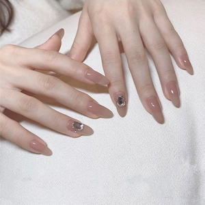 Long Almond Press On Nails Nude Pink Gradient Square Rhinestone Decor Waterproof Thin Glossy Artificial Fake Nails
