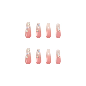 Faux ongles longs ballerine dégradé rose avec étoiles laser et strass scintillants