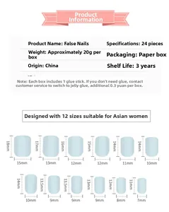 Guide des tailles d'ongles courts bleu mat montrant 12 tailles de 15x18mm à 7x11mm