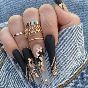 Long Coffin Press On Nails Matte Black Gold Butterfly Rhinestone Artificial Pearl Ballerina Fake Nails Elegant Style For Women