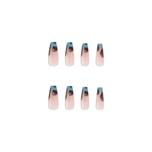 Blue and coffee color block long coffin press-on nails set with 8 pieces marble pattern
