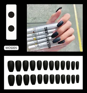 Matte black long coffin false nail set with 24 pieces for a bold minimalist aesthetic