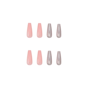 Faux ongles ballerine longs rose brillant avec des accents de paillettes laser argent