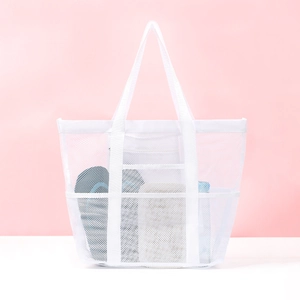 White large capacity mesh beach tote bag with reinforced straps for storage