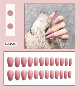 Matte dusty pink press-on nails in long coffin shape with full 24-piece set display