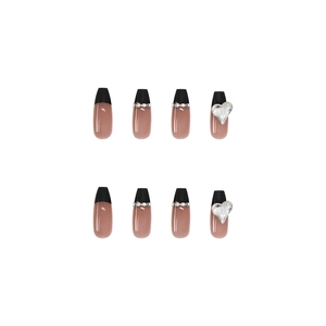 French black long coffin press-on nails with rhinestone chains and heart gems