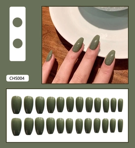 Glossy dark moss green long coffin press on nails set with 24 pieces for women