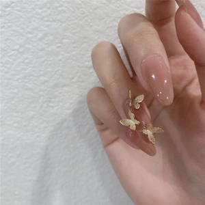 Press On Nails Golden Butterfly Frosted Metal Decor Nude Pink Oval Shape Fake Nails For Women DIY Manicure Reusable