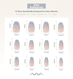 Detailed size chart for blue sky ballet press-on nails featuring 12 different dimensions