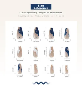 Size chart showing 12 sizes of press-on nails with lengths from 19.5mm to 27mm