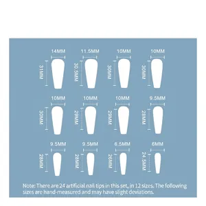 Guide des tailles pour faux ongles longs ballerine avec motif léopard bleu, lot de 24