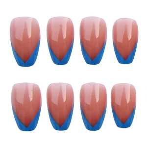 French tip coffin fake nails in nude pink and royal blue V-shape style 24pcs set