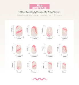 Size chart showing twelve dimensions for press on nails with pink marble design