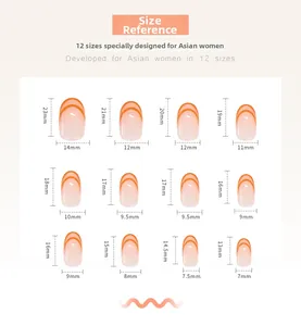 Tableau des tailles détaillé montrant 12 dimensions pour faux ongles minimalistes à presser