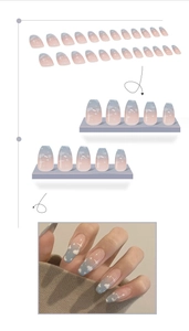 Detail view of 24pcs blue and pink gradient press-on nails with cloud and star designs