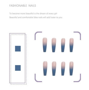 Detail of pink and blue gradient long coffin press-on nails with ABS material texture