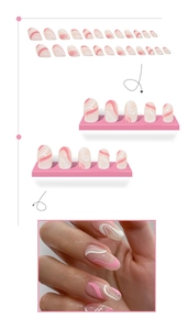 Macro detail of pink and white swirl marble press on nails set with various sizes