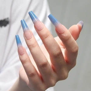 Long Coffin Press On Nails Blue Pink Ombre Gradient Glossy Ballerina Fake Nails For Women Elegant Daily Wear