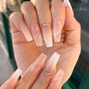 Nude Pink Gradient Marble Pattern Press On Nails Long Coffin False Nails With Rhinestone For Women Daily Fashion Jewelry