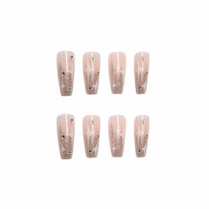 Pink gradient coffin fake nails with silver glitter, star patterns and rhinestones