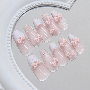 Faux Ongles À Presser Roses Faits À La Main Pois Français Avec Nœud 3D Et Künstliche Perle Œil De Chat Plastique ABS Pour Femmes