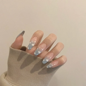 Dreamy Blue Sky White Clouds Press On Nails Long Coffin Shape Gradient Starry Pattern Glossy False Nails For Women