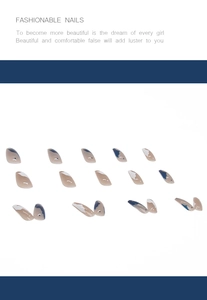 Detail view of abstract marble texture press-on nails in navy blue and nude tones
