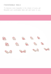 Macro detail of 14 pink and white marble pattern press-on nails in almond shape