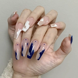 Blue White Geometric Press On Nails Long Coffin Shape Marble Pattern Artificial Fingernails For Women Elegant Manicure