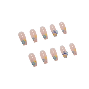 Long ballerina press-on nails with 3D blue butterflies and delicate yellow floral patterns