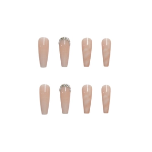 Long ballerina press-on nails in nude pink with marble gradient and rhinestone accents