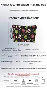 Tableau des tailles détaillé pour trousse de maquillage en lin avec motif tête de mort