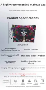 Detail of Day of the Dead makeup bag showing 17x25cm dimensions and fine linen texture