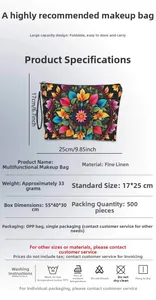 Detailed view of linen makeup bag dimensions 17x25cm with floral skull pattern