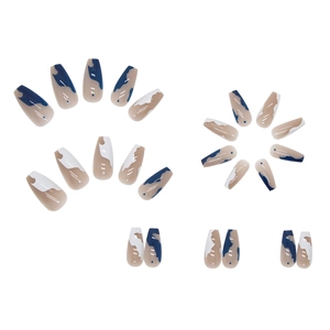 Abstract beige and blue marble long coffin press-on nails set with geometric patterns