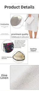 Linen makeup bag details showing foldable design, alloy zipper, and large capacity