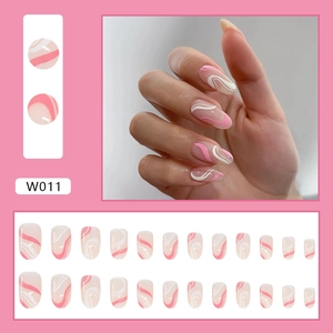 Press on nails set featuring 24pcs long oval tips with pink and white wavy patterns